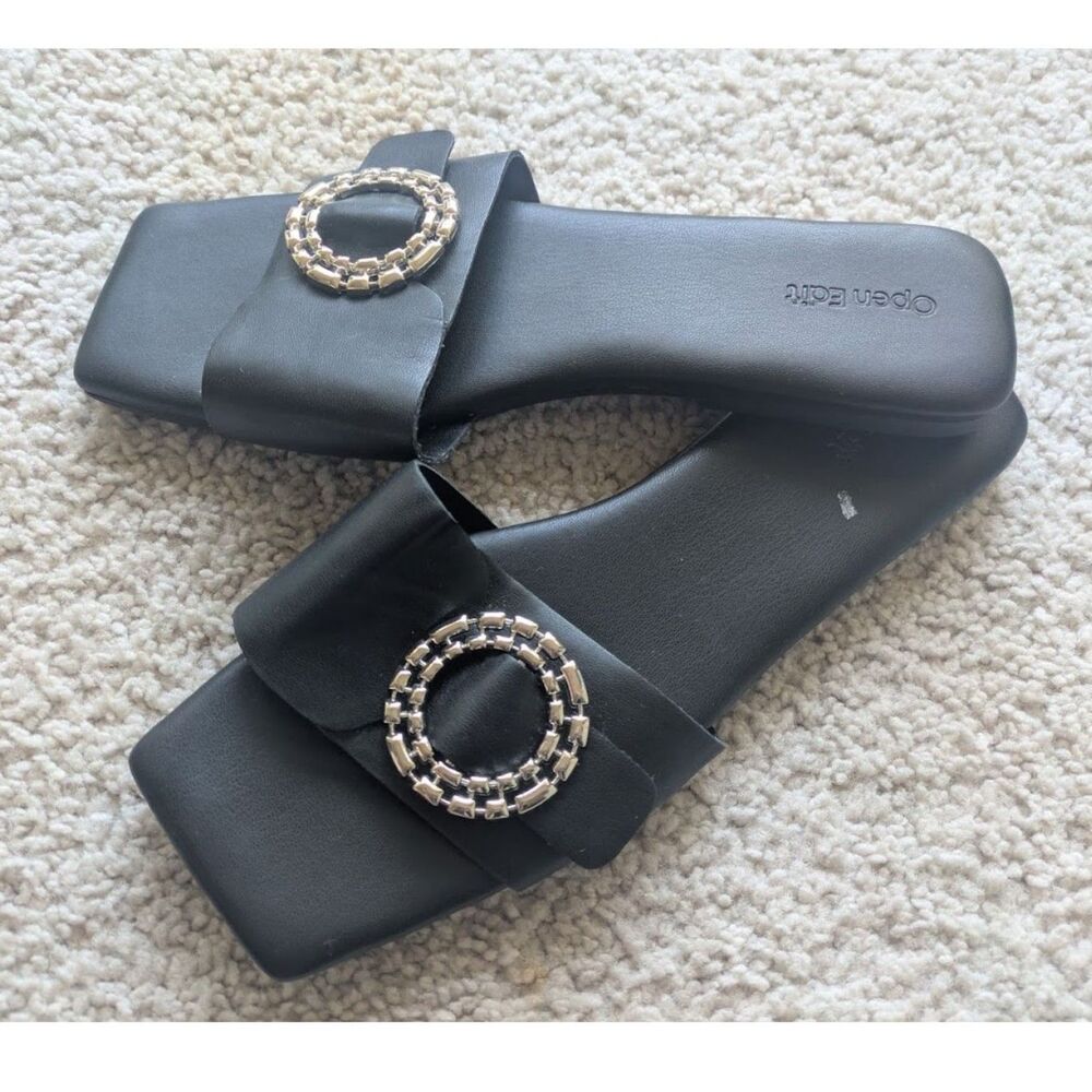 Open Edit Black Square Toe Bejeweled Brooch Slides Sandals Sz 9